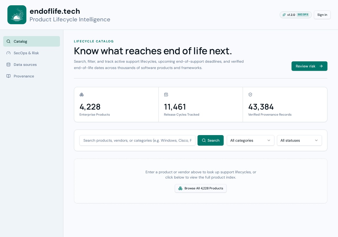 endoflife.tech website screenshot